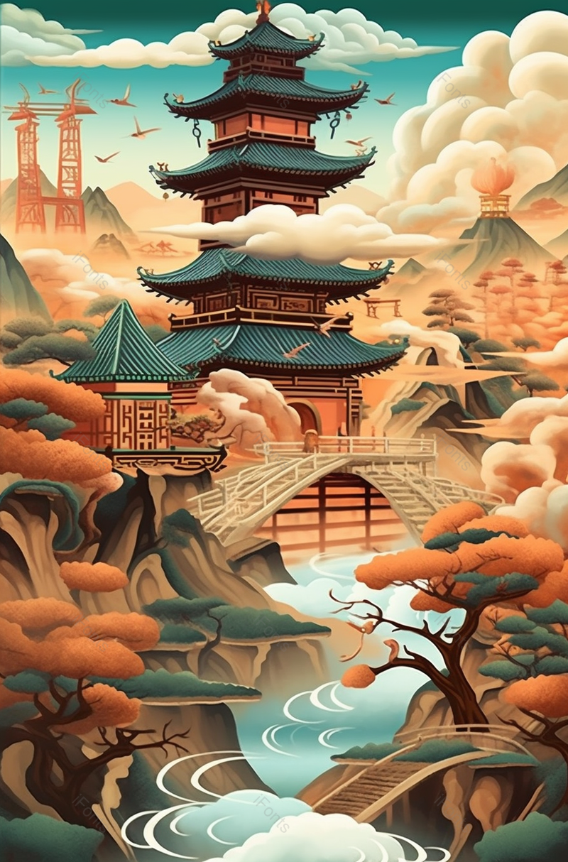 橙色园林建筑祥云树木,插画/手绘图,插画/手绘图库,插画/手绘图下载,插画/手绘